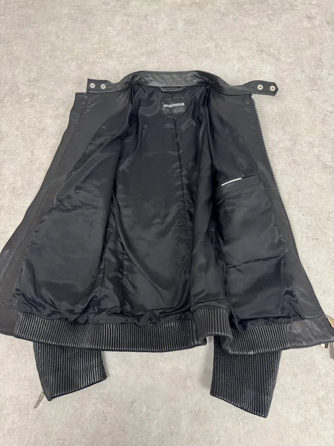 SS2014 Emporio Armani Black Pleated Leather Jacket oDxSGNP 6