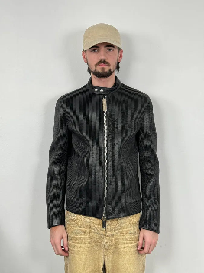 SS2014 Emporio Armani Black Pleated Leather Jacket oDxSGNP 8