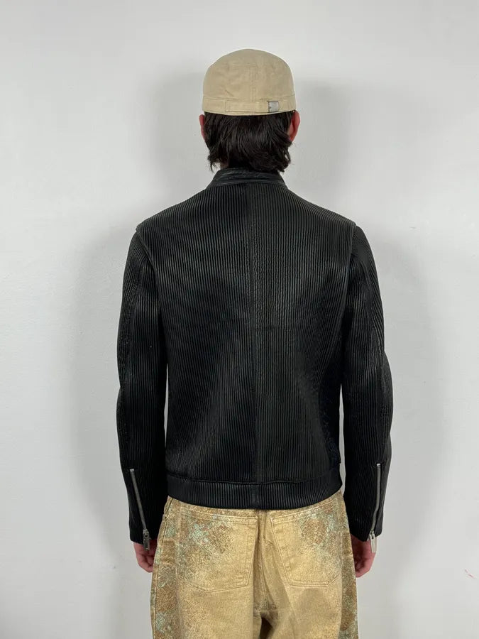 SS2014 Emporio Armani Black Pleated Leather Jacket oDxSGNP 9