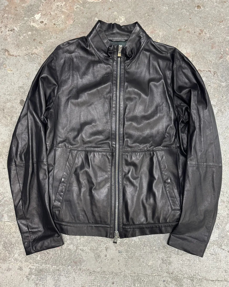 SS2014 Emporio Armani Black Pure Leather Jacket iqDucXA 0