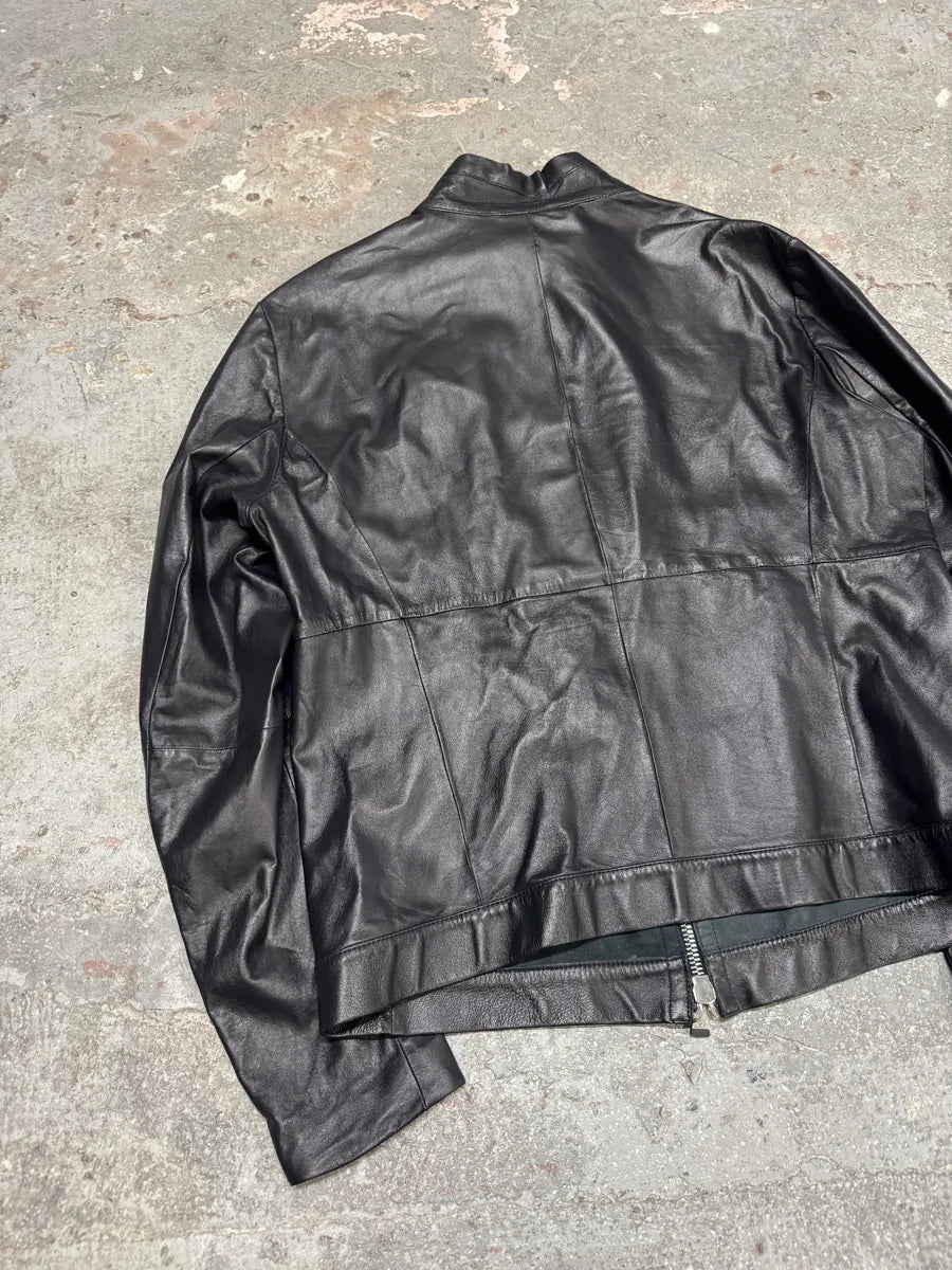 SS2014 Emporio Armani Black Pure Leather Jacket iqDucXA 2