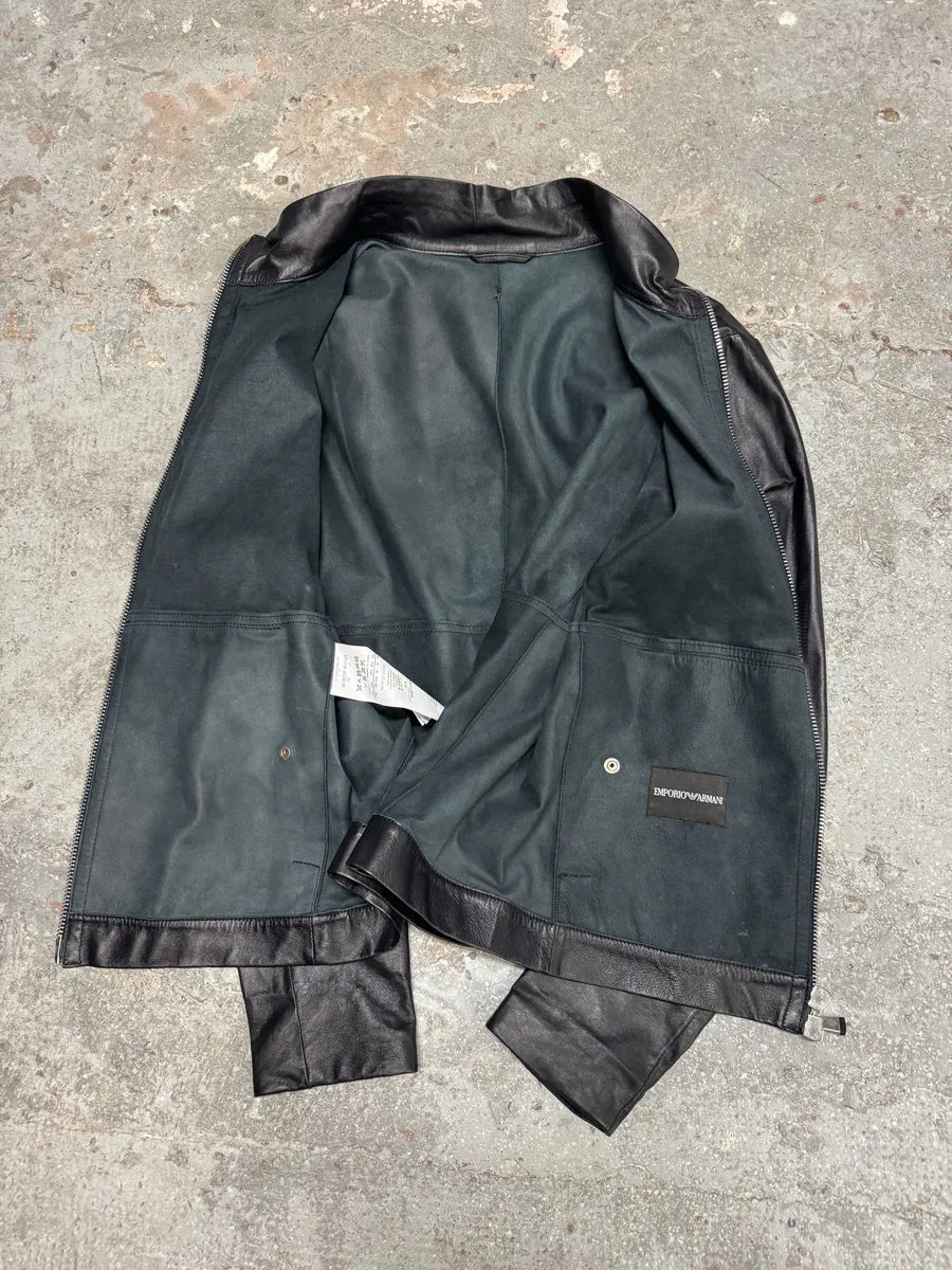 SS2014 Emporio Armani Black Pure Leather Jacket iqDucXA 4