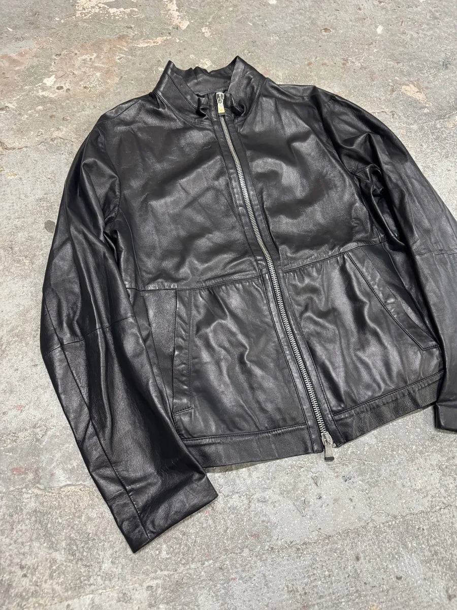 SS2014 Emporio Armani Black Pure Leather Jacket iqDucXA 7