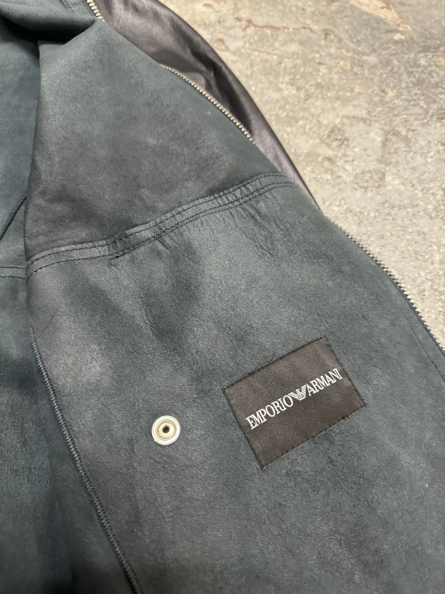 SS2014 Emporio Armani Black Pure Leather Jacket iqDucXA 8