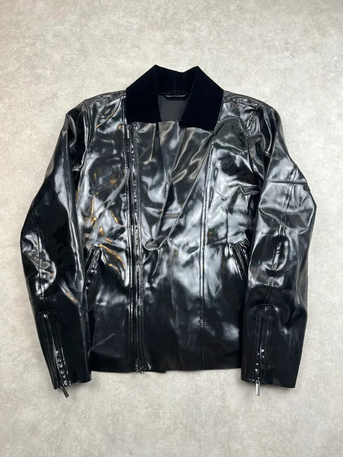 SS2014 Emporio Armani Black Reflective Matrix Asymmetrical Leather Jacket PbPJvgB 0