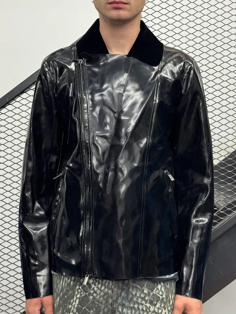 SS2014 Emporio Armani Black Reflective Matrix Asymmetrical Leather Jacket PbPJvgB 1