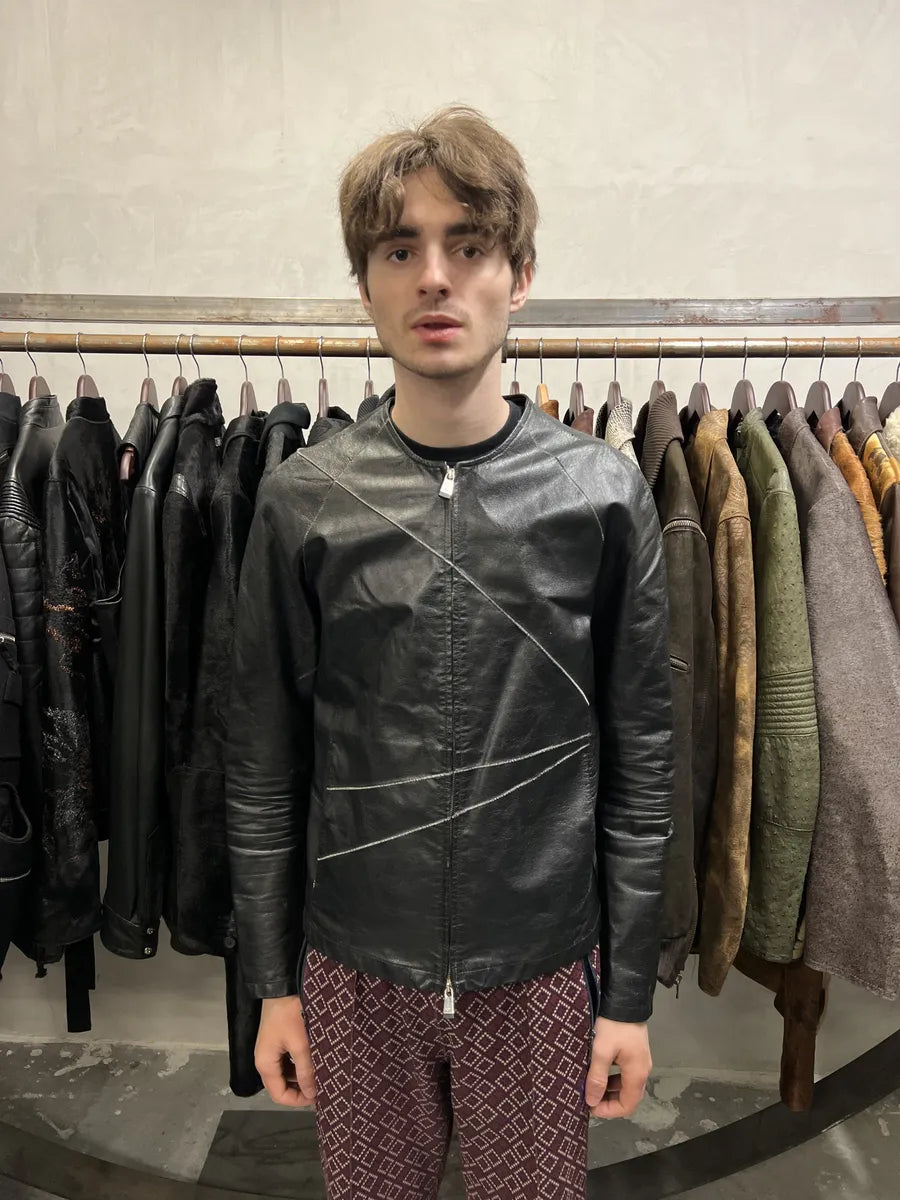 SS2014 Emporio Armani Geometrical Black Leather Jacket VdWthbI 2