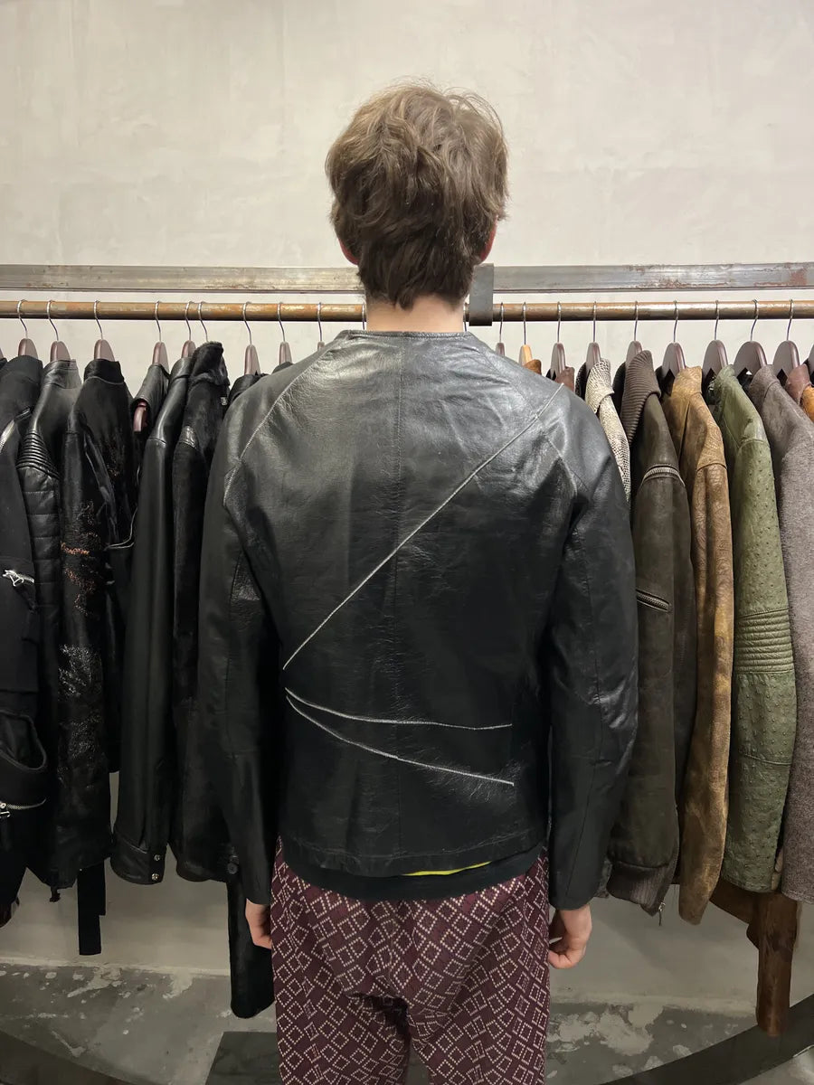 SS2014 Emporio Armani Geometrical Black Leather Jacket VdWthbI 3