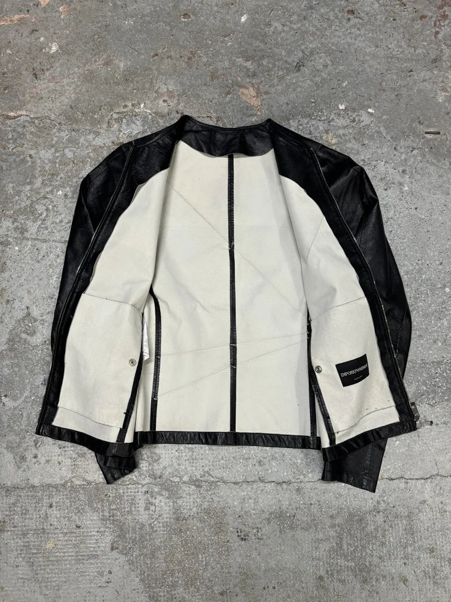 SS2014 Emporio Armani Geometrical Black Leather Jacket VdWthbI 9
