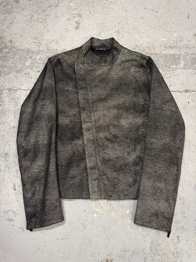 SS2014 Emporio Armani Grey Grained Asymmetrical Biker Leather Jacket EAZNLdT 0