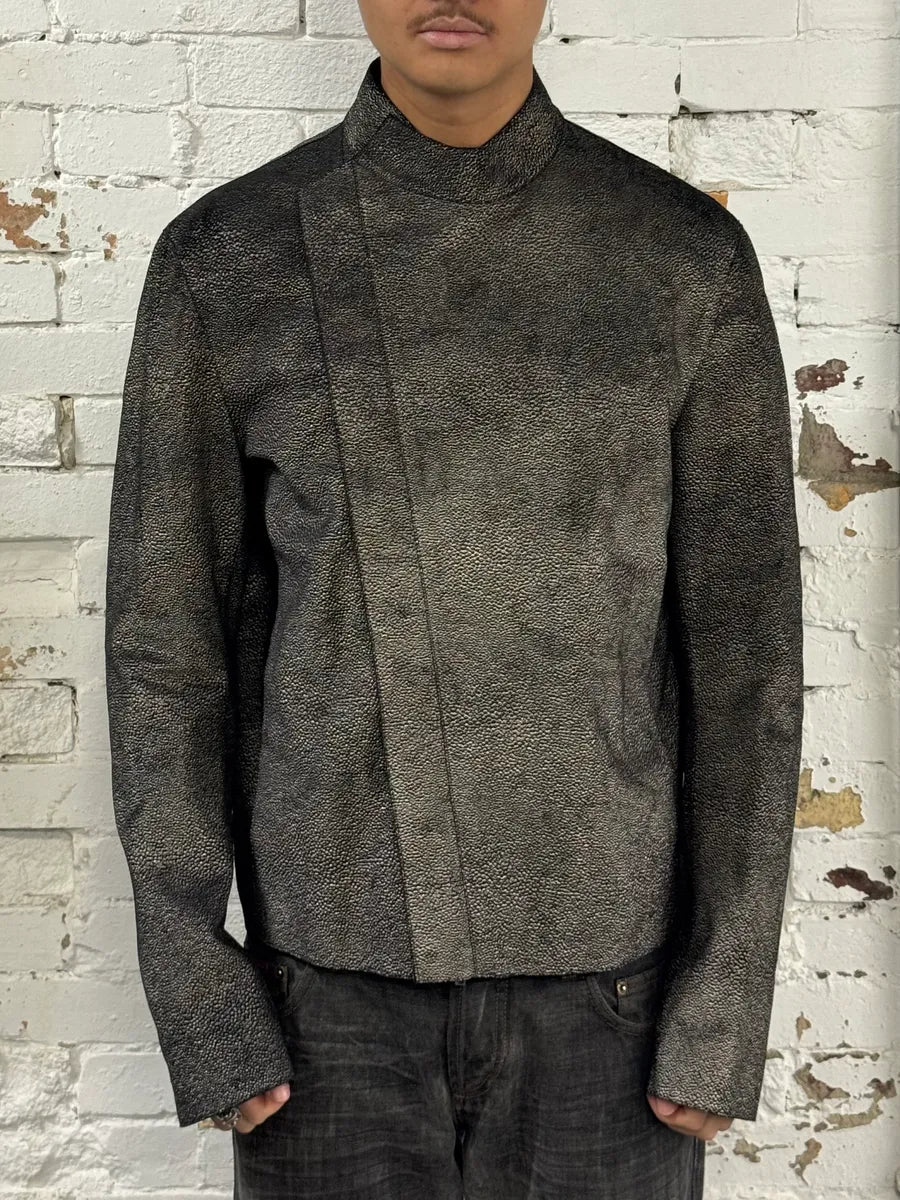 SS2014 Emporio Armani Grey Grained Asymmetrical Biker Leather Jacket EAZNLdT 1