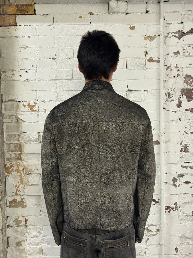 SS2014 Emporio Armani Grey Grained Asymmetrical Biker Leather Jacket EAZNLdT 2