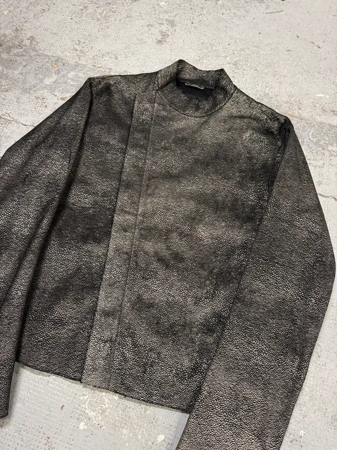 SS2014 Emporio Armani Grey Grained Asymmetrical Biker Leather Jacket EAZNLdT 3