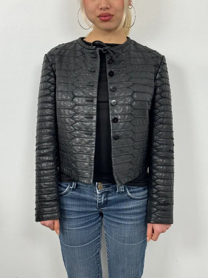 SS2014 Emporio Armani Napoleon Armor Black Leather Cropped Jacket NVhvtHf 0
