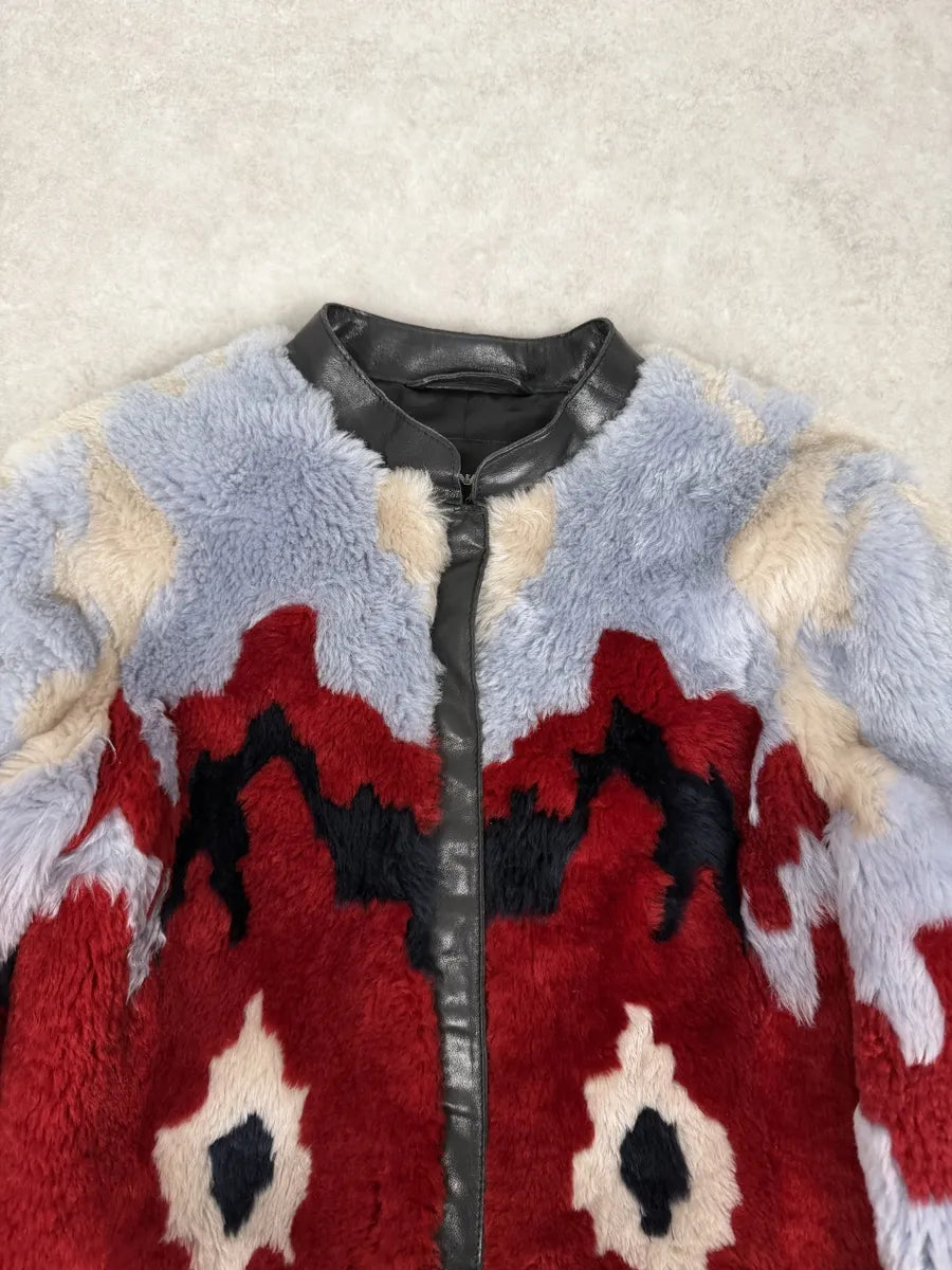 SS2014 Emporio Armani Red & Blue Abstract Lamb Shearling Jacket bNNBBvS 7
