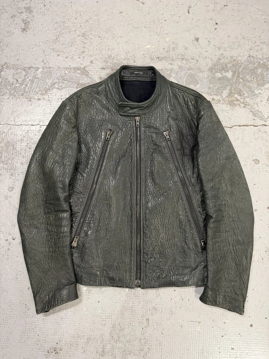 SS2014 Maison Margiela Dark Green 5 Zip Biker Grained Leather Jacket mJyRbDh 0
