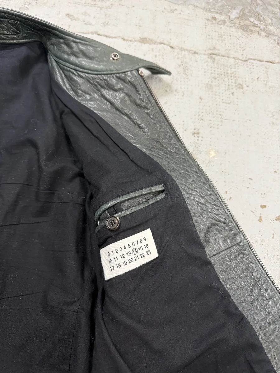 SS2014 Maison Margiela Dark Green 5 Zip Biker Grained Leather Jacket mJyRbDh 11