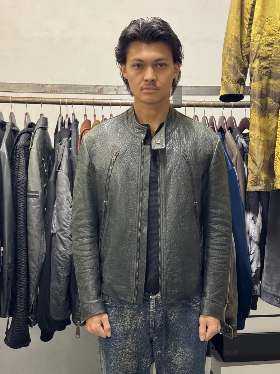 SS2014 Maison Margiela Dark Green 5 Zip Biker Grained Leather Jacket mJyRbDh 2
