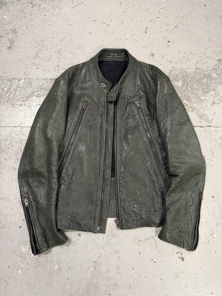 SS2014 Maison Margiela Dark Green 5 Zip Biker Grained Leather Jacket mJyRbDh 4