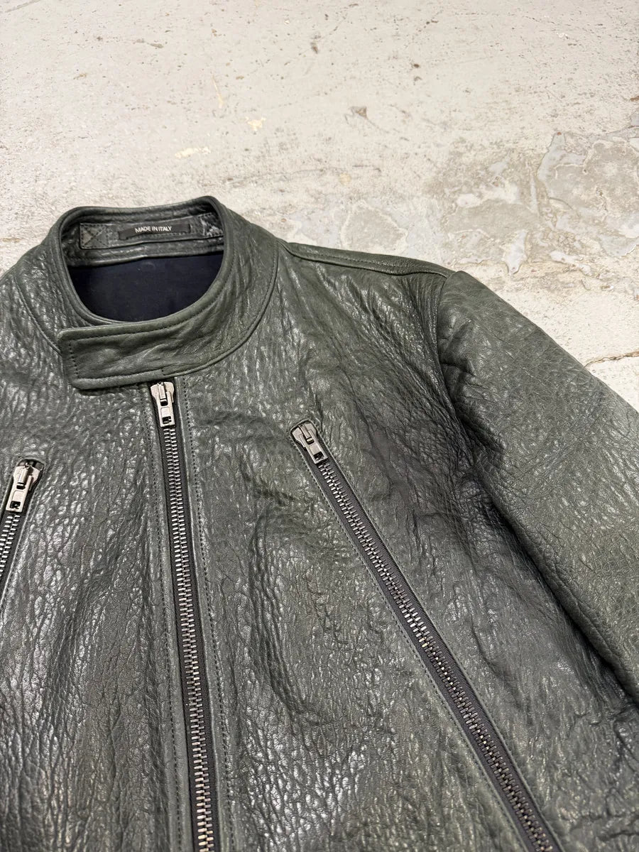 SS2014 Maison Margiela Dark Green 5 Zip Biker Grained Leather Jacket mJyRbDh 9
