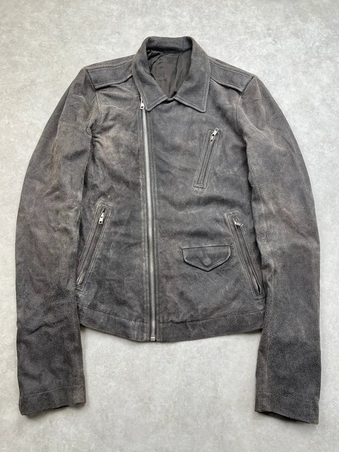 SS2014 Rick Owens Asymmetrical Grey Suede Leather Jacket sJBuLUs 0