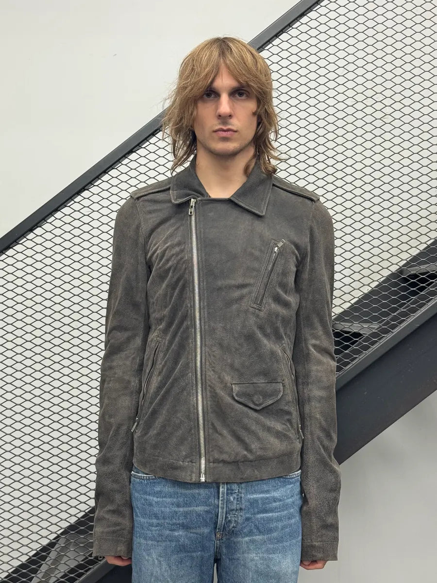 SS2014 Rick Owens Asymmetrical Grey Suede Leather Jacket sJBuLUs 1