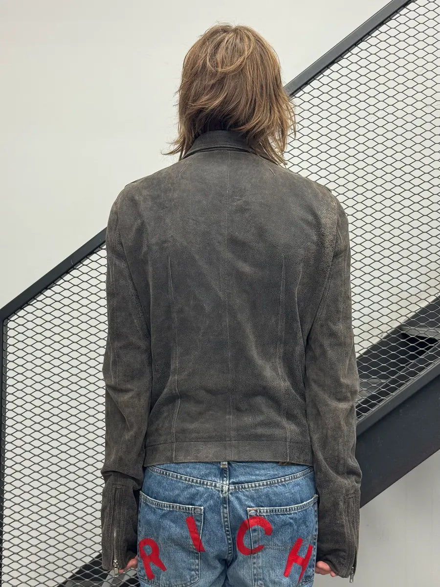 SS2014 Rick Owens Asymmetrical Grey Suede Leather Jacket sJBuLUs 2
