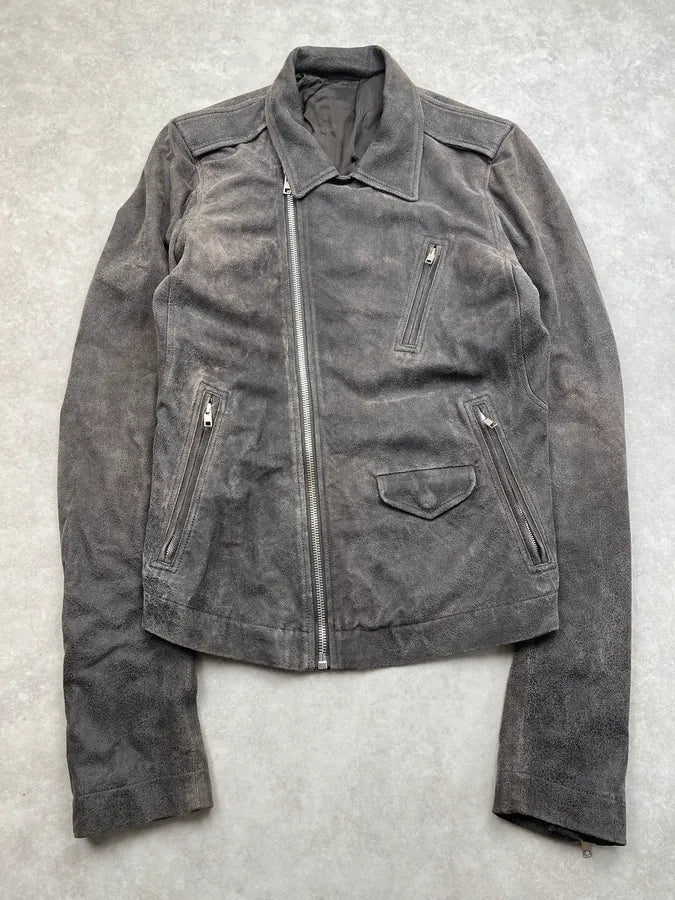 SS2014 Rick Owens Asymmetrical Grey Suede Leather Jacket sJBuLUs 3