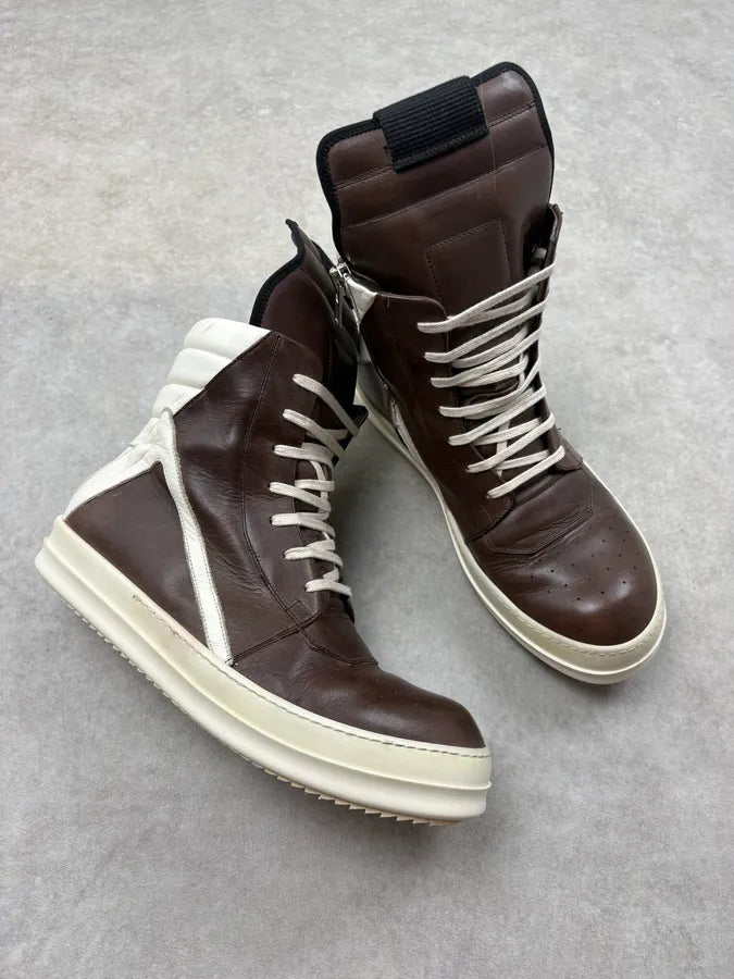 SS2014 Rick Owens Dust Milk Brown Leather Geobasket Sneakers EzSeMZD 4