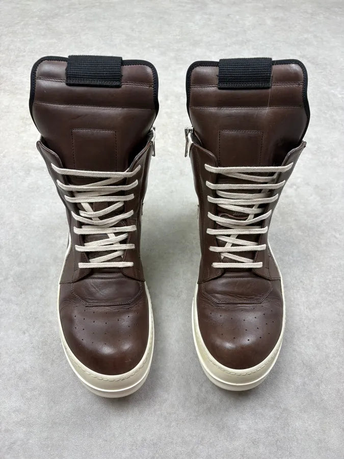 SS2014 Rick Owens Dust Milk Brown Leather Geobasket Sneakers EzSeMZD 1