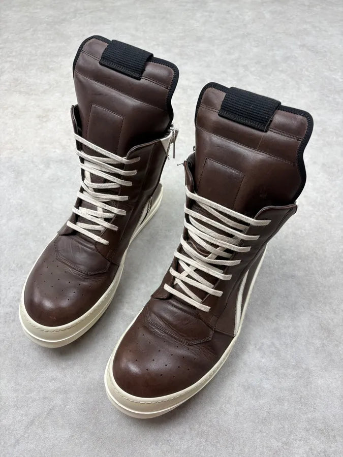 SS2014 Rick Owens Dust Milk Brown Leather Geobasket Sneakers EzSeMZD 2