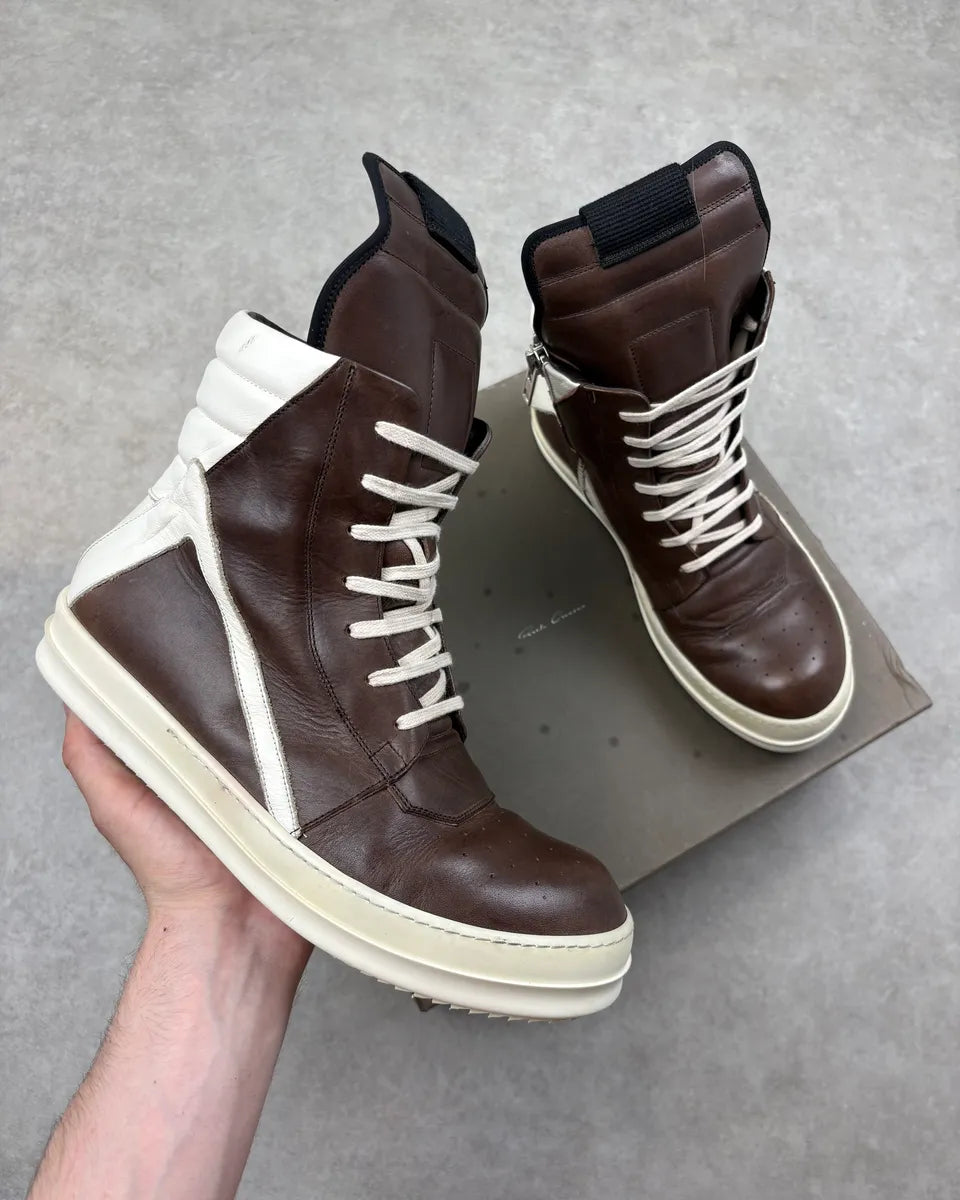 SS2014 Rick Owens Dust Milk Brown Leather Geobasket Sneakers EzSeMZD 0