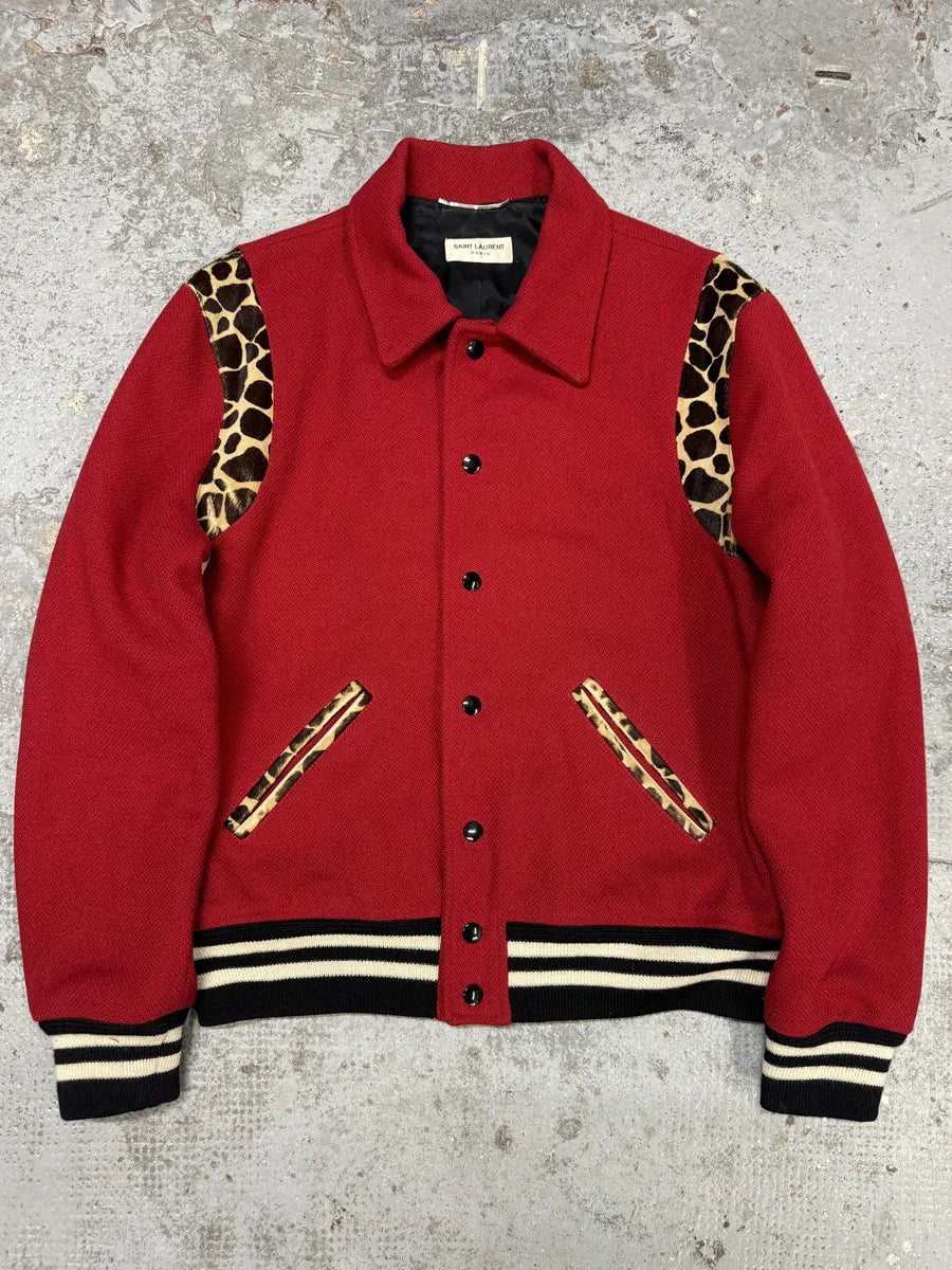 SS2014 Saint Laurent Red Cheetah Pony Hair Varsity Teddy Jacket wKYimgl 0