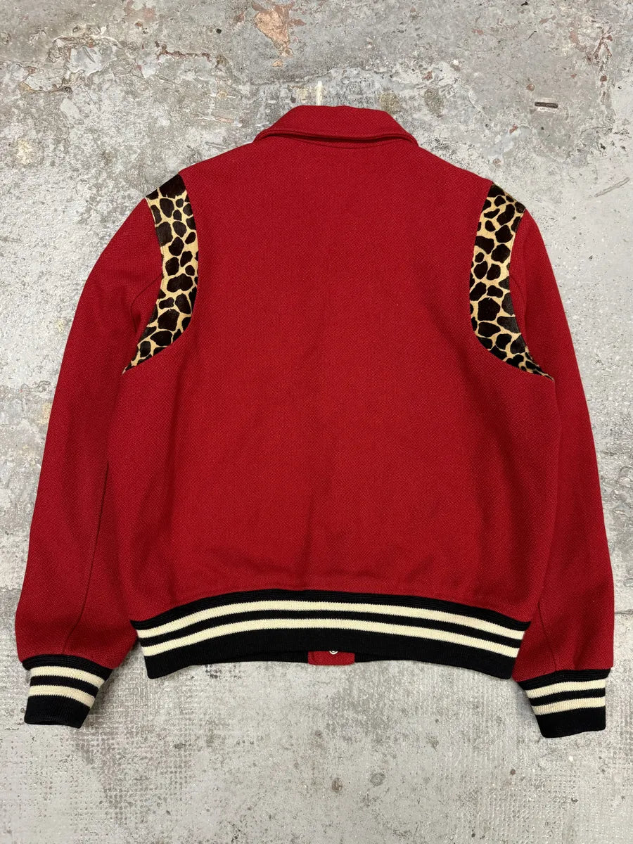 SS2014 Saint Laurent Red Cheetah Pony Hair Varsity Teddy Jacket