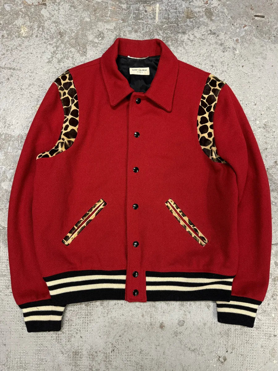 SS2014 Saint Laurent Red Cheetah Pony Hair Varsity Teddy Jacket wKYimgl 3