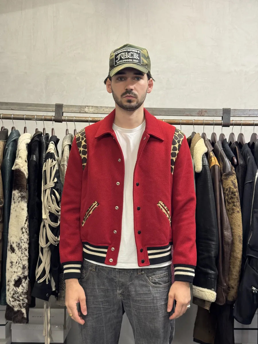 SS2014 Saint Laurent Red Cheetah Pony Hair Varsity Teddy Jacket wKYimgl 4
