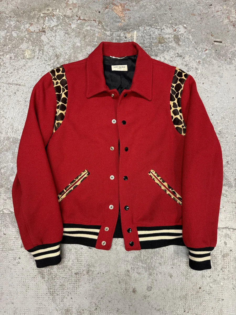 SS2014 Saint Laurent Red Cheetah Pony Hair Varsity Teddy