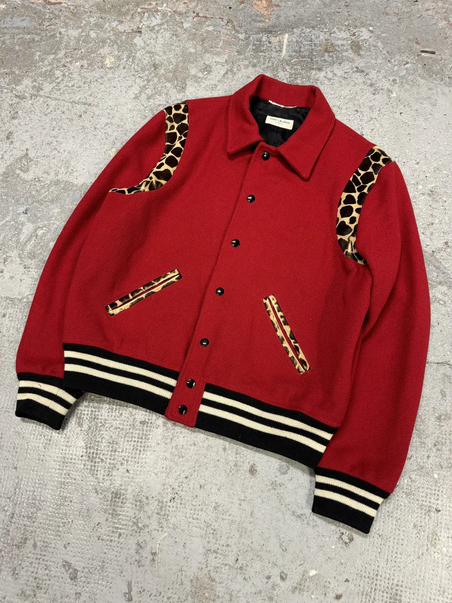 SS2014 Saint Laurent Red Cheetah Pony Hair Varsity Teddy Jacket wKYimgl 8