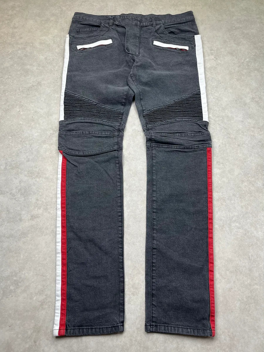 SS2015 Balmain Biker Racing Lines Grey Denim Jeans DZLLreE 0