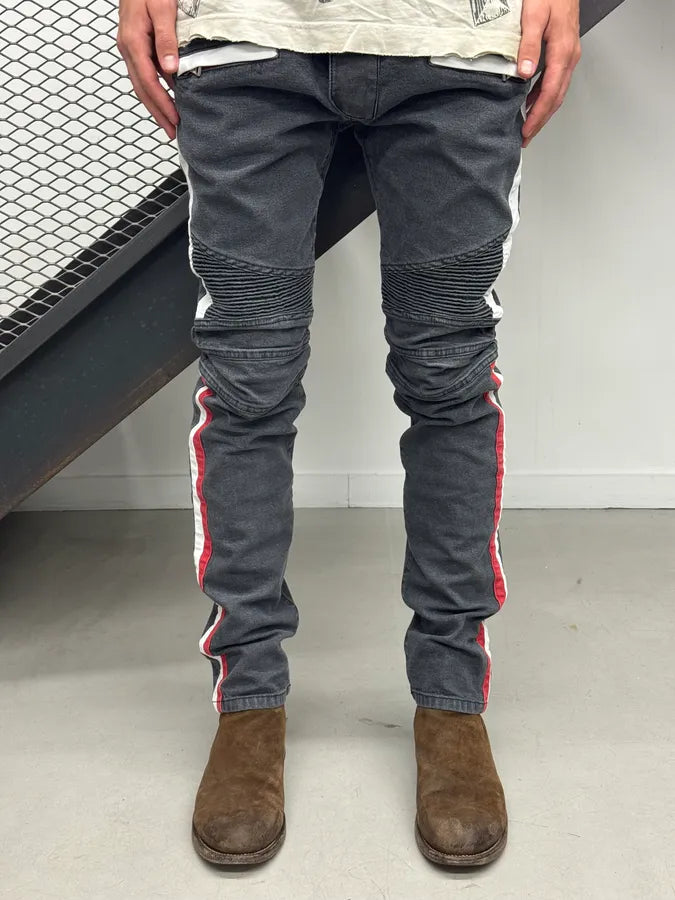 SS2015 Balmain Biker Racing Lines Grey Denim Jeans DZLLreE 1