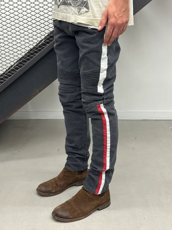 SS2015 Balmain Biker Racing Lines Grey Denim Jeans DZLLreE 2