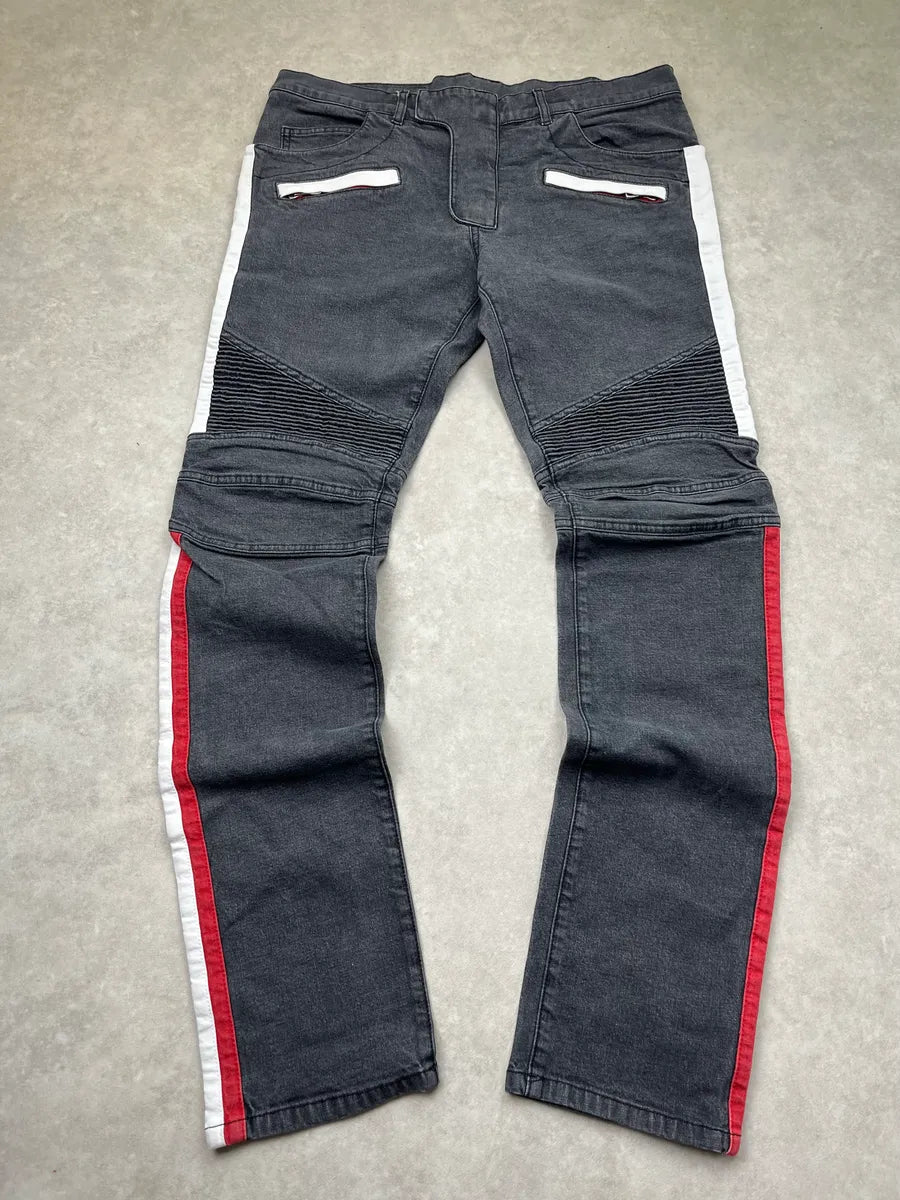 SS2015 Balmain Biker Racing Lines Grey Denim Jeans DZLLreE 4