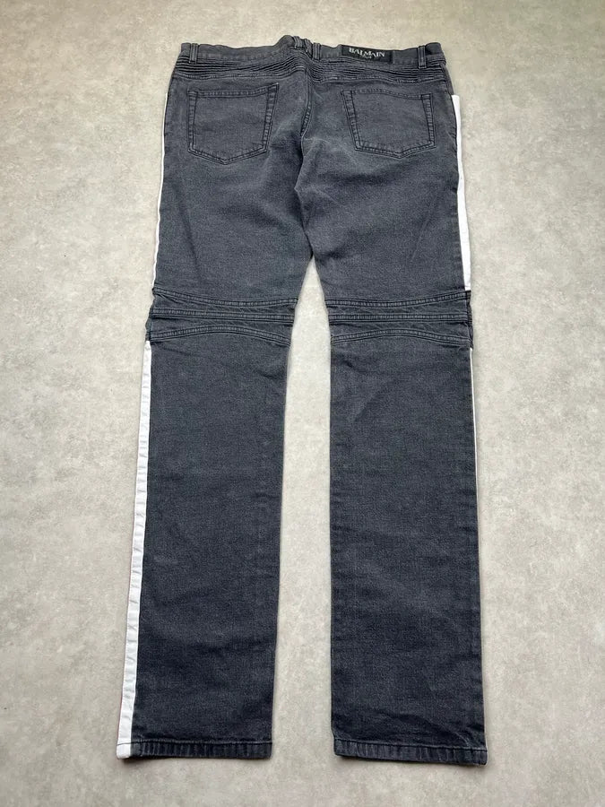 SS2015 Balmain Biker Racing Lines Grey Denim Jeans DZLLreE 7