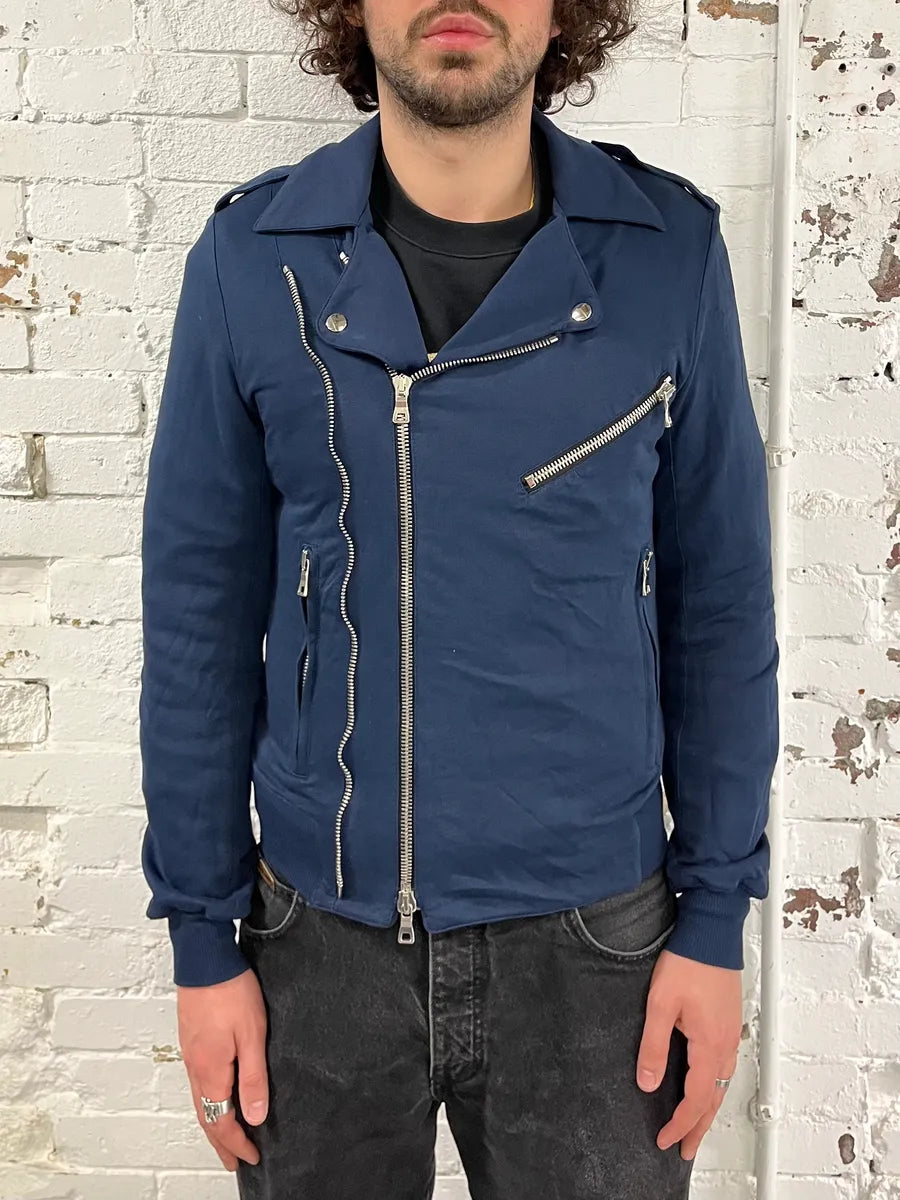 SS2015 Balmain Navy Blue Asymmetrical Biker Jacket mppzNUt 0