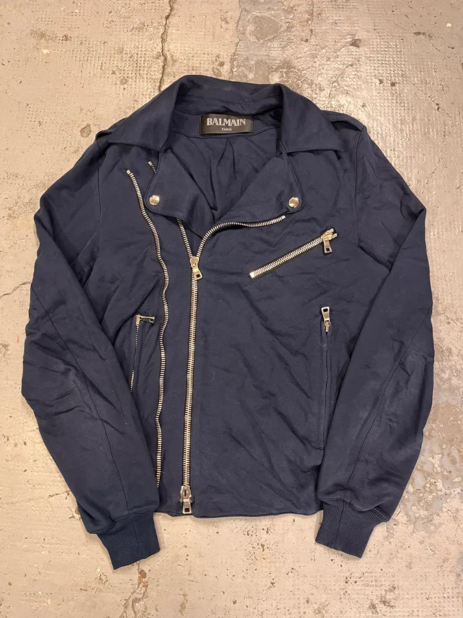 SS2015 Balmain Navy Blue Asymmetrical Biker Jacket mppzNUt 2