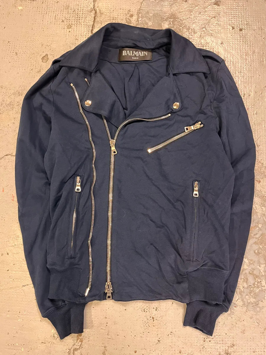 SS2015 Balmain Navy Blue Asymmetrical Biker Jacket mppzNUt 3