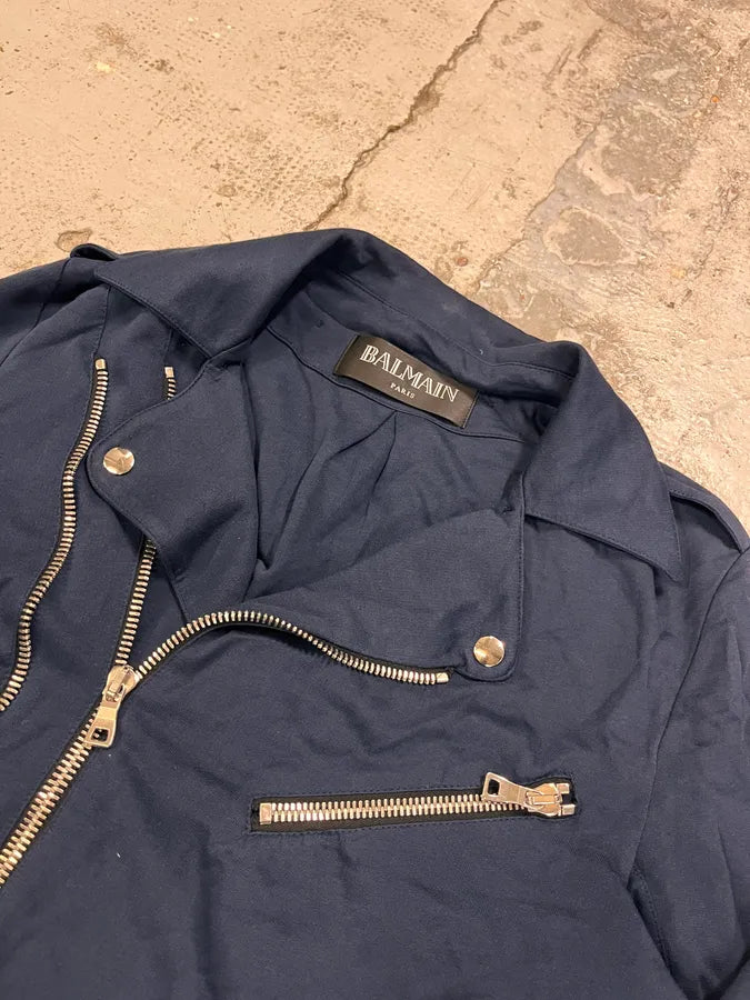 SS2015 Balmain Navy Blue Asymmetrical Biker Jacket mppzNUt 4