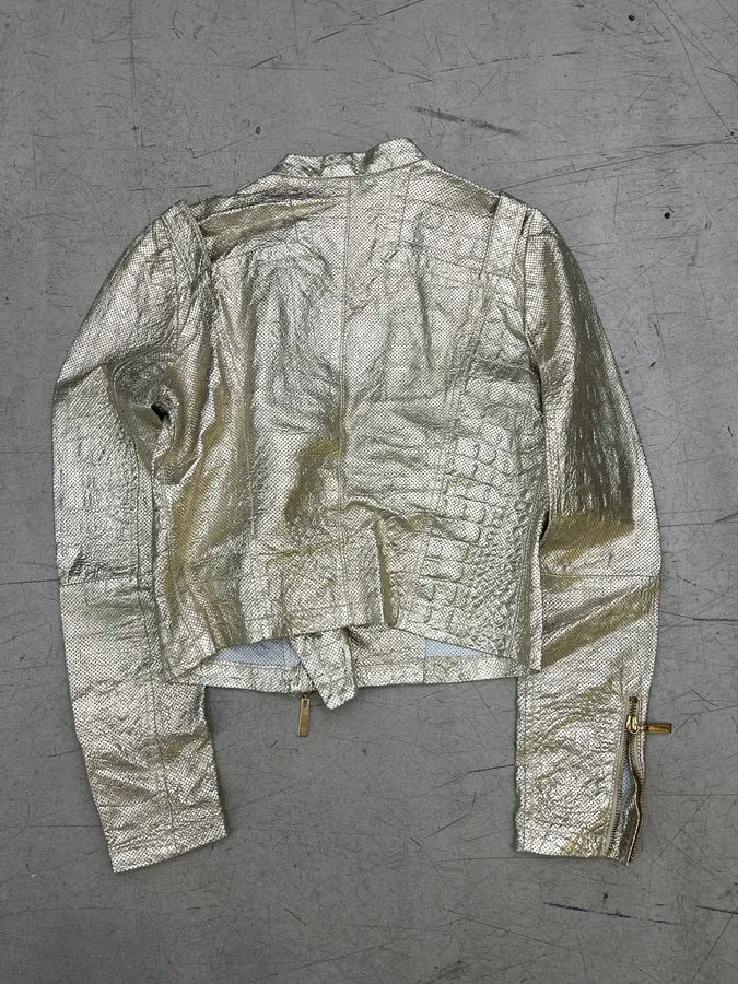 SS2015 Cavalli Golden Sequin Perforated Leather Jacket tiPPmnS 6