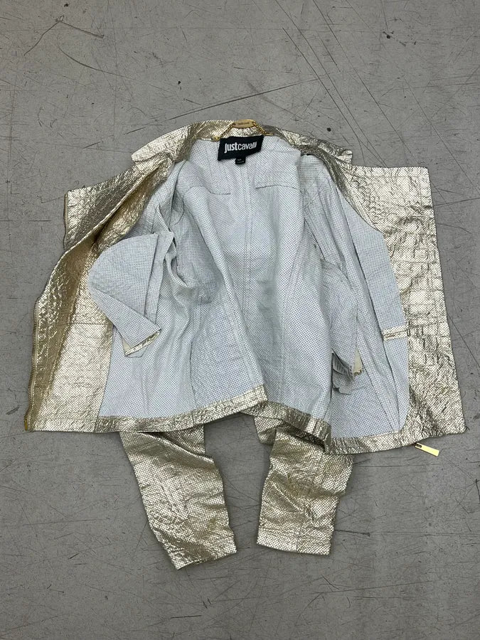 SS2015 Cavalli Golden Sequin Perforated Leather Jacket tiPPmnS 8