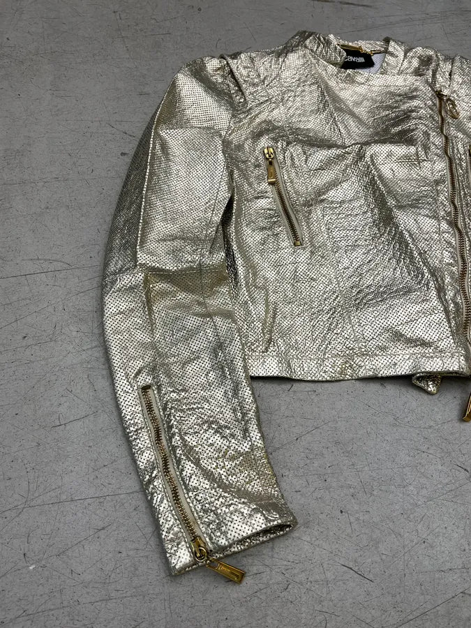 SS2015 Cavalli Golden Sequin Perforated Leather Jacket tiPPmnS 4